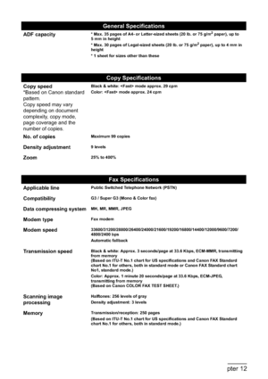 Page 204202Chapter 12Appendix
ADF capacity* Max. 35 pages of A4- or Letter-sized sheets (20 lb. or 75 g/m2 paper), up to 
5 mm in height
* Max. 30 pages of Legal-sized sheets (20 lb. or 75 g/m
2 paper), up to 4 mm in 
height
* 1 sheet for sizes other than these
Copy Specifications
Copy speed
*Based on Canon standard 
pattern.
Copy speed may vary 
depending on document 
complexity, copy mode, 
page coverage and the 
number of copies.Black & white:  mode approx. 29 cpm
Color:  mode approx. 24 cpm
No. of...