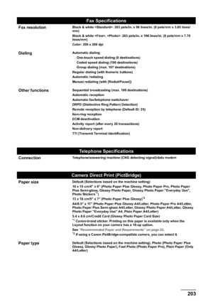 Page 205Chapter 12 203Appendix
Fax resolutionBlack & white : 203 pels/in. x 98 lines/in. (8 pels/mm x 3.85 lines/
mm)
Black & white , : 203 pels/in. x 196 lines/in. (8 pels/mm x 7.70 
lines/mm)
Color: 200 x 200 dpi
DialingAutomatic dialing
One-touch speed dialing (8 destinations)
Coded speed dialing (100 destinations)
Group dialing (max. 107 destinations)
Regular dialing (with Numeric buttons)
Automatic redialing
Manual redialing (with [Redial/Pause])
Other functionsSequential broadcasting (max. 109...