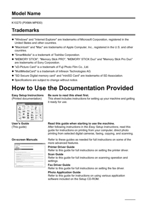 Page 64
Model Name
K10270 (PIXMA MP830)
Trademarks
z"Windows" and "Internet Explorer" are trademarks of Microsoft Corporation, registered in the 
United States and other countries.
z"Macintosh" and "Mac" are trademarks of Apple Computer, Inc., registered in the U.S. and other 
countries.
z"SmartMedia" is a trademark of Toshiba Corporation.
z"MEMORY STICK", "Memory Stick PRO", "MEMORY STICK Duo" and "Memory Stick Pro Duo" 
are trademarks of...