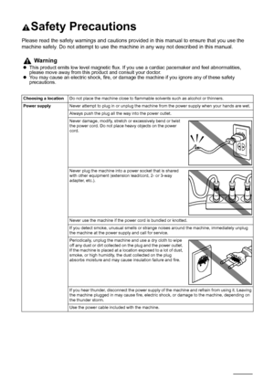 Page 108104Safety Precautions
Safety Precautions
Please read the safety warnings and cautions provided in this manual to ensure that you use the 
machine safely. Do not attempt to use the machine in any way not described in this manual.
Warning
zThis product emits low level magnetic flux. If you use a cardiac pacemaker and feel abnormalities, 
please move away from this product and consult your doctor.
zYou may cause an electric shock, fire, or damage the machine if you ignore any of these safety 
precautions....