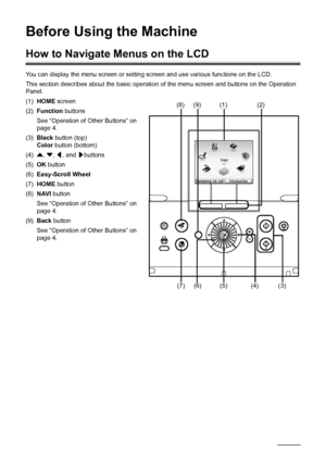 Page 62Before Using the Machine
Before Using the Machine
How to Navigate Menus on the LCD
You can display the menu screen or setting screen and use various functions on the LCD.
This section describes about the basic operation of the menu screen and buttons on the Operation 
Panel.
(1) HOME screen
(2) Function buttons
See “Operation of Other Buttons” on 
page 4.
(3) Black button (top)
Color button (bottom)
(4) {, }, [, and ]buttons
(5) OK button
(6) Easy-Scroll Wheel
(7) HOME button
(8) NAVI button
See...