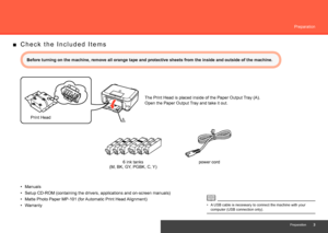 Page 5
A
Preparation
Preparation
Before turning on the machine, remove all orange tape and protective she\
ets from the inside and outside of the machine.The Print Head is placed inside of the Paper Output Tray (A). 
Open the Paper Output Tray and take it out.
Print Head
power cord
Manuals•
Setup CD-ROM (containing the drivers, applications and on-screen manual\
s)
•
Warranty
•
C h e c k   t h e   I n c l u d e d   I t e m s
■
Matte Photo Paper MP-101 (for Automatic Print Head Alignment)
• (M, BK, GY,...