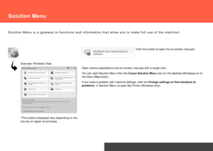 Page 54After Installing the Machine
S o l u t i o n   M e n u   i s   a   g a t e w a y   t o   f u n c t i o n s   a n d   i n f o r m a t i o n   t h a t   a l l o w   y o u   t o   m a k e   f u l l   u s e   o f   t h e   m a c h i n e !
Open various applications and on-screen manuals with a single click.
If you have a problem with machine settings, click the Change settings or find solutions to 
problems. in Solution Menu to open My Printer (Windows only).
Example: Windows Vista
You can start...