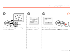 Page 63
A
8910
B
Reference Information
Wireless Setup Using WCN (Windows Connect Now)
Use the Easy-Scroll Wheel (A) to select Settings, 
then press the OK button. Select Wireless LAN setup, 
then press the OK button.Select Yes, then press the OK button.
When wireless connection is enabled, the 
Wi-Fi lamp (B) lights blue.
 