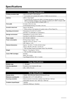 Page 10298Appendix
Specifications
General Specifications
Printing resolution (dpi)4800 (horizontal)* x 1200 (vertical)
* Ink droplets can be placed with a pitch of 1/4800 inch at minimum.
InterfaceUSB 2.0 High Speed*
* A computer that complies with USB 2.0 Hi-Speed standard is required. Since the 
USB 2.0 Hi-Speed interface is fully upwardly compatible with USB Full-Speed (USB 
1.1), it can be used at USB Full-Speed (USB 1.1).
Print width8 inches / 203.2 mm max.
(for Borderless Printing: 8.5 inches / 216 mm)...