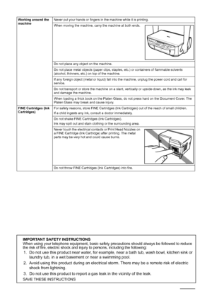 Page 108104Safety Precautions
Working around the 
machineNever put your hands or fingers in the machine while it is printing.
When moving the machine, carry the machine at both ends.
Do not place any object on the machine.
Do not place metal objects (paper clips, staples, etc.) or containers of flammable solvents 
(alcohol, thinners, etc.) on top of the machine.
If any foreign object (metal or liquid) fall into the machine, unplug the power cord and call for 
service.
Do not transport or store the machine on a...