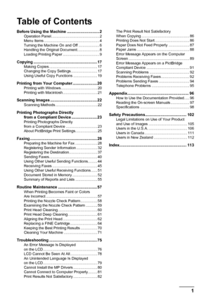 Page 5Table of Contents
1
Before Using the Machine ............................. 2Operation Panel .............................................. 2
Menu Items ..................................................... 4
Turning the Machine On and Off .................... 6
Handling the Original Document ..................... 8
Loading Printing Paper ................................... 9
Copying ......................................................... 17Making Copies .................................................