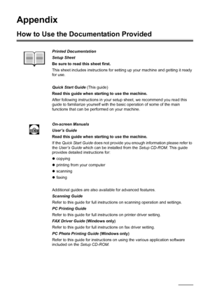 Page 10096Appendix
Appendix
How to Use the Documentation Provided
Printed Documentation
Setup Sheet
Be sure to read this sheet first.
This sheet includes instructions for setting up your machine and getting it ready 
for use.
Quick Start Guide (This guide)
Read this guide when starting to use the machine.
After following instructions in your setup sheet, we recommend you read this 
guide to familiarize yourself with the basic operation of some of the main 
functions that can be performed on your machine....