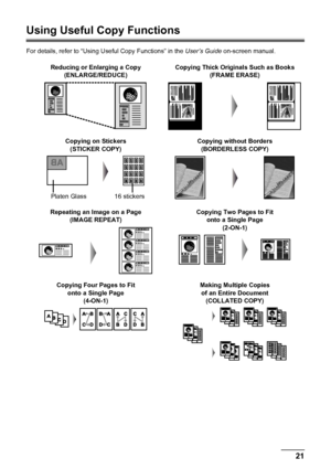 Page 2521 Copying
Using Useful Copy Functions
For details, refer to “Using Useful Copy Functions” in the User’s Guide on-screen manual.
Reducing or Enlarging a Copy
(ENLARGE/REDUCE)Copying Thick Originals Such as Books
(FRAME ERASE)
Copying on Stickers
(STICKER COPY)Copying without Borders
(BORDERLESS COPY)
Repeating an Image on a Page
(IMAGE REPEAT)Copying Two Pages to Fit 
onto a Single Page
(2-ON-1)
Copying Four Pages to Fit 
onto a Single Page
(4-ON-1)Making Multiple Copies 
of an Entire Document
(COLLATED...