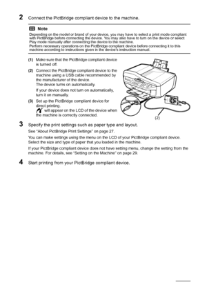 Page 3026Printing Photographs Directl y from a Compliant Device
2Connect the PictBridge compliant device to the machine.
(1)Make sure that the PictBridge compliant device 
is turned off.
(2) Connect the PictBridge compliant device to the 
machine using a USB cable recommended by 
the manufacturer of the device.
The device turns on automatically.
If your device does not turn on automatically, 
turn it on manually.
(3) Set up the PictBridge compliant device for 
direct printing.
 will appear on the LCD of the...