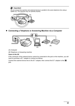 Page 3531 Faxing
zConnecting a Telephone or Answering Machine via a Computer
(A) Computer
(B) Telephone or Answering machine
Users in the UK
If the connector of the external device cannot be connected to the jack on the machine, you will 
need to purchase a B.T. adapter to connect as follows:
Connect the external device line to the B.T. adapter, then connect the B.T. adapter to the   
jack.
Important
Do not connect the machine and external devices in parallel to the same telephone line using a 
splitter (A)....