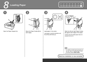 Page 26
8
B
B
C
A
B B
2134
12345678
Loading Paper
Open the Paper Support (A).
Move the Paper Guides (B) to 
both edges. Slide the left and right Paper Guides 
(B) against both edges of the paper.
Load paper in portrait orientation with 
the printing side facing up.
For details on media sizes and types you 
can use, refer to "Loading Paper" in the 
on-screen manual: 
Basic Guide.
•
Machine installation is now complete!
Confirm that the loaded paper does not 
exceed the line (C).
Load paper in...