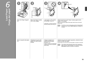 Page 216
D
C
B
1
2
A
2143

Abra el soporte del papel 
(A).Desplace las guías del 
papel (B) hasta ambos 
bordes.
Carga del papel
Cargue el papel con orientación 
vertical con la cara de impresión 
hacia arriba.
Cargue el papel en el centro de la bandeja 
posterior (C). Deslice las guías de papel izquierda y derecha hacia 
ambos bordes del papel.
Compruebe que la altura de la pila de papel no supere la línea (D).
Para obtener más información sobre cómo manipular el papel, consulte “Carga del papel” en...