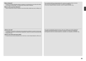 Page 27
¿Qué es una red?
Un sistema de intercambio de información entre ordenadores mediante la conexión de éstos entre sí con cables o a través de comunicaciones inalámbricas. Internet y las redes de área local (LAN) 
son tipos de redes.
¿Qué es una red de área local (LAN)?
Un tipo de red que conecta ordenadores entre sí dentro de un área limitada (habitación, edificio, etc.). 
Si no sabe si el dispositivo (punto de acceso, router, etc.) admite una conexión inalámbrica, 
consulte el manual...