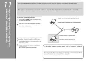 Page 841111

2 1
2 1
Uso desde ordenadores adicionales
Si el equipo ya está conectado a una conexión inalámbrica, se puede utilizar desde ordenadores adicionales de la misma red.
Ordenador desde el que se puede usar el equipo actualmenteOrdenadores adicionales de la misma red
Para obtener más información sobre el procedimiento de instalación del software, consulte “Instalación del software (3)” en la página 66.
Inserte el Setup CD-ROM en el ordenador desde el que 
desee utilizar el equipo.
Siga las...