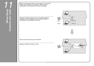 Page 5611

Antes de conectar el equipo a la red, se debe conectar el 
ordenador a la red. Asegúrese de que haya finalizado la 
configuración del ordenador y del router.
InternetRouter, etc.
Agregue (conecte) el equipo a la red.
Conexión por cable
Before connecting the machine to the network, the computer 
needs to be connected to the network. Make sure that 
configuration of the computer and router is complete.
Add (connect) the machine to the network.
InternetRouter, etc.
Wired Setup
 