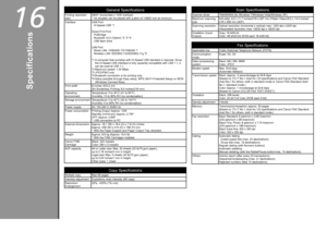 Page 8616

Specifications
General Specifications
Printing resolution 
(dpi)4800* (horizontal) x 1200 (vertical)
* 
Ink droplets can be placed with a pitch of 1/4800 inch at minimum.
Interface USB Port:
 Hi-Speed USB *1
Direct Print Port:
  PictBridge
  Bluetooth v2.0 (Option) *2 *3 *4
  USB flash drive
LAN Port:
  Wired LAN: 100BASE-TX/10BASE-T
  Wireless LAN: IEEE802.1
1b/IEEE802.1

1g *5
*1  A computer that complies with Hi-Speed USB standard is required. Since 
the Hi-Speed USB interface is fully...