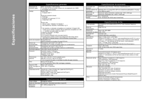 Page 88
86
Especificaciones
Especificaciones generales
Resolución de impresión (ppp)4800* (horizontal) x 1200 (vertical)
* Las gotas de tinta se pueden colocar con una separación de 1/4800 
de pulgada como mínimo.
InterfazPuerto USB:
 Hi-Speed USB *1
Puerto de impresión directa:
 PictBridge
  Bluetooth v2.0 (opcional) *2 *3 *4
  Unidad flash USB
Puerto LAN:
 LAN por cable: 100BASE-TX/10BASE-T
  LAN inalámbrica: IEEE802.11b/IEEE802.11g *5
*1  Se necesita un ordenador compatible con el estándar Hi-Speed USB....