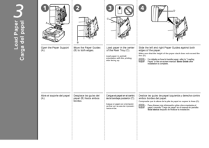 Page 161
2
A
B
12D
C
43

3
Desplace las guías del 
papel (B) hasta ambos 
bordes.
Carga del papel
Cargue el papel en el centro 
de la bandeja posterior (C).
Cargue el papel con orientación 
vertical con la cara de impresión 
hacia arriba.
Deslice las guías de papel izquierda y derecha contra 
ambos bordes del papel.
Compruebe que la altura de la pila de papel no supere la línea (D).
Para obtener más información sobre cómo manipular el 
papel, consulte “Carga de papel” en el manual en pantalla: 
Guía...