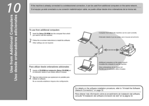 Page 4410

Uso desde ordenadores adicionales
Si el equipo ya está conectado a una conexión inalámbrica/por cable, se puede utilizar desde otros ordenadores de la misma red.
Ordenador desde el que se puede usar el equipo actualmente
Para obtener más información sobre el procedimiento de instalación del software, 
consulte “9 Instalación del software (Conexión de red)” en la página 32.
Inserte el CD-ROM de instalación (Setup CD-ROM) en 
el ordenador desde el que desee utilizar el equipo.
Siga las...