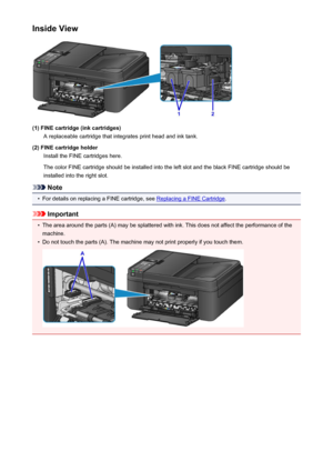 Page 114Inside View
(1) FINE cartridge (ink cartridges)A replaceable cartridge that integrates print head and ink tank.
(2) FINE cartridge holder Install the FINE cartridges here.
The color FINE cartridge should be installed into the left slot and the black FINE cartridge should be
installed into the right slot.
Note
•
For details on replacing a FINE cartridge, see Replacing a FINE Cartridge .
Important
•
The area around the parts (A) may be splattered with ink. This does not affect the performance of the...