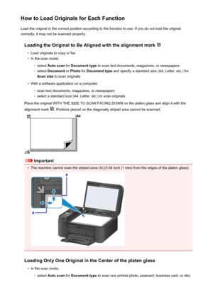 Page 152How to Load Originals for Each FunctionLoad the original in the correct position according to the function to use. If you do not load the original
correctly, it may not be scanned properly.
Loading the Original to Be Aligned with the alignment mark •
Load originals to copy or fax
•
In the scan mode,
◦
select  Auto scan  for Document type  to scan text documents, magazines, or newspapers
◦
select Document  or Photo  for Document type  and specify a standard size (A4, Letter, etc.) for
Scan size  to scan...
