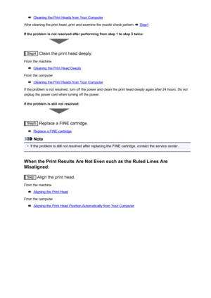 Page 168Cleaning the Print Heads from Your Computer
After cleaning the print head, print and examine the nozzle check pattern: 
 Step1
If the problem is not resolved after performing from step 1 to step 3 twice:
Step4  Clean the print head deeply.
From the machine
Cleaning the Print Head Deeply
From the computer
Cleaning the Print Heads from Your Computer
If the problem is not resolved, turn off the power and clean the print head deeply again after 24 hours. Do not unplug the power cord when turning off the...