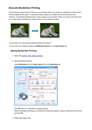 Page 332Execute Borderless PrintingThe borderless printing function allows you to print data without any margin by enlarging the data so that it
extends slightly off the paper. In standard printing, margins are created around the document area.
However, in borderless printing function, these margins are not created. When you want to print data such
as a photo without providing any margin around it, set borderless printing.
The procedure for performing borderless printing is as follows:
You can also set...