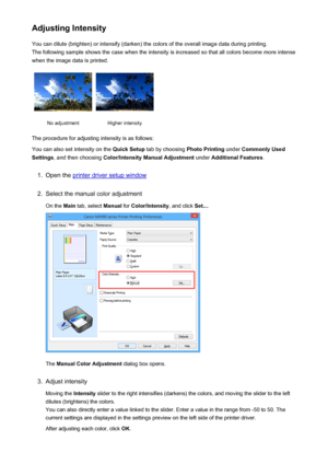 Page 386Adjusting IntensityYou can dilute (brighten) or intensify (darken) the colors of the overall image data during printing.
The following sample shows the case when the intensity is increased so that all colors become more intense
when the image data is printed.No adjustmentHigher intensity
The procedure for adjusting intensity is as follows:
You can also set intensity on the  Quick Setup tab by choosing  Photo Printing under Commonly Used
Settings , and then choosing  Color/Intensity Manual Adjustment...