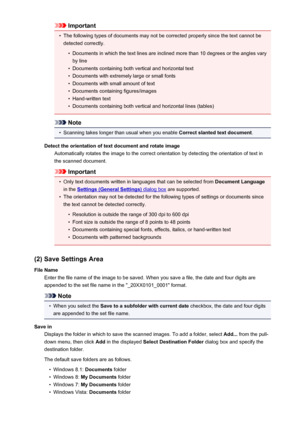 Page 548Important•
The following types of documents may not be corrected properly since the text cannot be
detected correctly.
•
Documents in which the text lines are inclined more than 10 degrees or the angles vary by line
•
Documents containing both vertical and horizontal text
•
Documents with extremely large or small fonts
•
Documents with small amount of text
•
Documents containing figures/images
•
Hand-written text
•
Documents containing both vertical and horizontal lines (tables)
Note
•
Scanning takes...