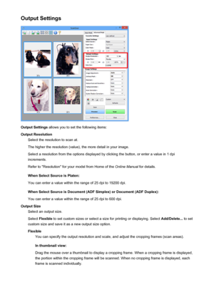 Page 611Output Settings
Output Settings allows you to set the following items:
Output Resolution Select the resolution to scan at.
The higher the resolution (value), the more detail in your image. Select a resolution from the options displayed by clicking the button, or enter a value in 1 dpiincrements.
Refer to "Resolution" for your model from Home of the  Online Manual for details.
When Select Source is Platen:
You can enter a value within the range of 25 dpi to 19200 dpi.
When Select Source is...