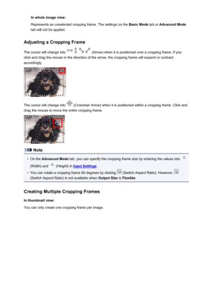 Page 635In whole image view:
Represents an unselected cropping frame. The settings on the  Basic Mode tab or Advanced Mode
tab will not be applied.
Adjusting a Cropping Frame
The cursor will change into 
 (Arrow) when it is positioned over a cropping frame. If you
click and drag the mouse in the direction of the arrow, the cropping frame will expand or contract
accordingly.
The cursor will change into  (Crosshair Arrow) when it is positioned within a cropping frame. Click and
drag the mouse to move the entire...