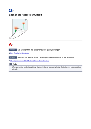 Page 836Back of the Paper Is Smudged
Check1 Did you confirm the paper and print quality settings?
Print Results Not Satisfactory
Check2  Perform the Bottom Plate Cleaning to clean the inside of the machine.
Cleaning the Inside of the Machine (Bottom Plate Cleaning)
Note
•
When performing borderless printing, duplex printing, or too much printing, the inside may become stained
with ink.
836
 