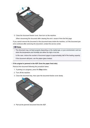 Page 9555.
Close the document feeder cover, then turn on the machine.When rescanning the document after clearing the error, rescan it from the first page.
If you cannot remove the document or the document tears inside the machine, or if the document jam error continues after removing the document, contact the service center.
Note
•
The document may not feed properly depending on the media type, or your environment, such aswhen the temperature and humidity are either too high or too low.
In this case, reduce the...