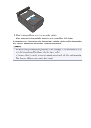Page 9565.
Close the document feeder cover, then turn on the machine.When rescanning the document after clearing the error, rescan it from the first page.
If you cannot remove the document or the document tears inside the machine, or if the document jam error continues after removing the document, contact the service center.
Note
•
The document may not feed properly depending on the media type, or your environment, such aswhen the temperature and humidity are either too high or too low.
In this case, reduce the...