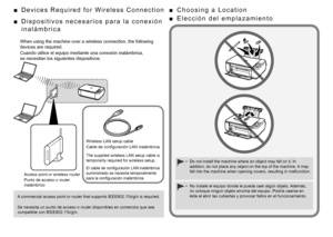 Page 6
D i s p o s i t i v o s   n e c e s a r i o s   p a r a   l a   c o n e x i ó n 
i n a l á m b r i c a
■
E l e c c i ó n   d e l   e m p l a z a m i e n t o
■
Cuando utilice el equipo mediante una conexión inalámbrica, 
se necesitan los siguientes dispositivos.
Punto de acceso o router 
inalámbrico Cable de configuración LAN inalámbrica
El cable de configuración LAN inalámbrica 
suministrado se necesita temporalmente 
para la configuración inalámbrica.
Se necesita un punto de acceso o router...
