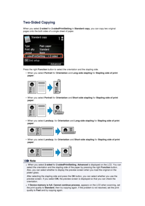 Page 172Two-Sided CopyingWhen you select  2-sided for 2-sidedPrintSetting  in Standard copy , you can copy two original
pages onto the both sides of a single sheet of paper.
Press the right  Function button to select the orientation and the stapling side.
•
When you select  Portrait for Orientation  and Long-side stapling  for Stapling side of print
paper :
•
When you select  Portrait for Orientation  and Short-side stapling  for Stapling side of print
paper :
•
When you select  Landscp. for Orientation  and...