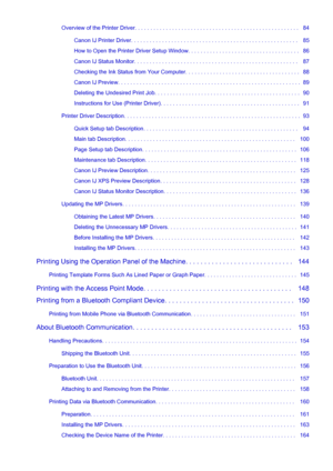 Page 3Overview of the Printer Driver. . . . . . . . . . . . . . . . . . . . . . . . . . . . . . . . . . . . . . . . . . . . . . . . . . . . .   84Canon IJ Printer Driver. . . . . . . . . . . . . . . . . . . . . . . . . . . . . . . . . . . . . . . . . . . . . . . . . . . . . .   85
How to Open the Printer Driver Setup Window. . . . . . . . . . . . . . . . . . . . . . . . . . . . . . . . . . . .   86 Canon IJ Status Monitor. . . . . . . . . . . . . . . . . . . . . . . . . . . . . . . . . . . . . . . . . . . . ....