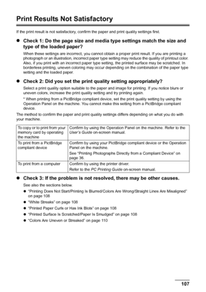 Page 111107
Troubleshooting
Print Results Not Satisfactory
If the print result is not satisfactory, confirm the paper and print quality settings first.
z Check 1: Do the page size and media type settings match the size and 
type of the loaded paper?
When these settings are incorrect,  you cannot obtain a proper print result. If you are printing a 
photograph or an illustration, incorrect paper type  setting may reduce the quality of printout color. 
Also, if you print with an incorrect paper type  setting, the...