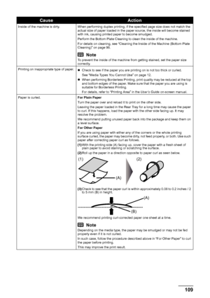 Page 113109
Troubleshooting
Inside of the machine is dirty. When performing duplex printing, if the specified page size does not match the 
actual size of paper loaded in the paper source, the inside will become stained 
with ink, causing printed paper to become smudged.
Perform the Bottom Plate Cleaning to clean the inside of the machine.
For details on cleaning, see “Cleaning the Inside of the Machine (Bottom Plate 
Cleaning)” on page 98.
NoteTo prevent the inside of the machine from getting stained, set the...