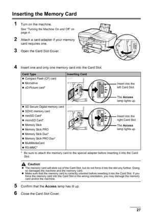 Page 3127
Printing from a Memory Card
Inserting the Memory Card
1
Turn on the machine.
See “Turning the Machine On and Off” on 
page 4.
2Attach a card adapter if your memory 
card requires one.
3Open the Card Slot Cover.
4Insert one and only one memory card into the Card Slot.
* Be sure to attach the memory card to the special adapter before inserting it into the Card  Slot.
5Confirm that the  Access lamp has lit up.
6Close the Card Slot Cover.
Card TypeInserting Card
zCompact Flash (CF) card
zMicrodrive...