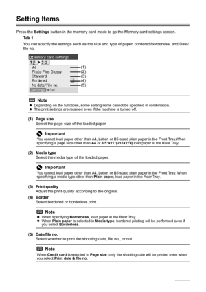 Page 3430Printing from a Memory Card
Setting Items
Press the Settings button in the memory card mode to go the Memory card settings screen.
Ta b  1
You can specify the settings such as the size and type of paper, bordered/borderless, and Date/
file no.
(1) Page size
Select the page size of the loaded paper.
(2) Media type
Select the media type of the loaded paper.
(3) Print quality
Adjust the print quality according to the original.
(4) Border
Select bordered or borderless print.
(5) Date/file no.
Select...