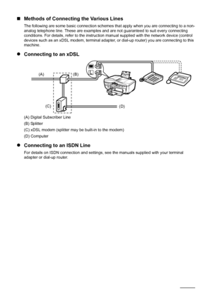 Page 4844Faxing
„Methods of Connecting the Various Lines
The following are some basic connection schemes that apply when you are connecting to a non-
analog telephone line. These are examples and are not guaranteed to suit every connecting 
conditions. For details, refer to the instruction manual supplied with the network device (control 
devices such as an xDSL modem, terminal adapter, or dial-up router) you are connecting to this 
machine.
zConnecting to an xDSL
(A) Digital Subscriber Line
(B) Splitter
(C)...