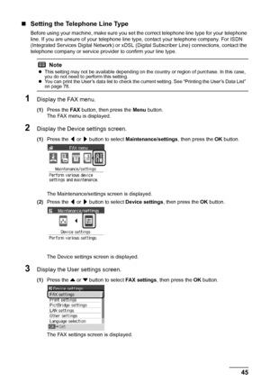 Page 4945
Faxing
„ Setting the Telephone Line Type
Before using your machine, make sure you se t the correct telephone line type for your telephone 
line. If you are unsure of your telephone line ty pe, contact your telephone company. For ISDN 
(Integrated Services Digital Network) or xDSL  (Digital Subscriber Line) connections, contact the 
telephone company or service provi der to confirm your line type.
1Display the FAX menu.
(1)Press the  FA X button, then press the  Menu button.
The FAX menu is displayed....