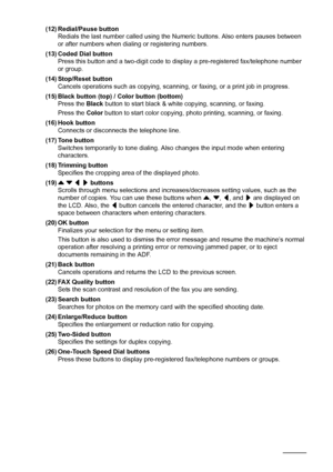 Page 128Before Using the Machine
(12) Redial/Pause button
Redials the last number called using the Numeric buttons. Also enters pauses between 
or after numbers when dialing or registering numbers.
(13) Coded Dial button
Press this button and a two-digit code to display a pre-registered fax/telephone number 
or group.
(14) Stop/Reset button
Cancels operations such as copying, scanning, or faxing, or a print job in progress.
(15) Black button (top) / Color button (bottom)
Press the Black button to start black &...
