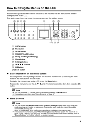 Page 139
Before Using the Machine
How to Navigate Menus on the LCD
You can make good use of the various functions of the machine with the menu screen and the 
settings screen on the LCD.
This section describes how to use the menu screen and the settings screen.
(1) COPY button
(2) FAX button
(3) SCAN button
(4) MEMORY CARD button
(5) LCD (Liquid Crystal Display)
(6) Menu button
(7) Settings button
(8){ }  [  ]  buttons
(9) OK button
(10) Back button
„ Basic Operation on the Menu Screen
You can perform various...