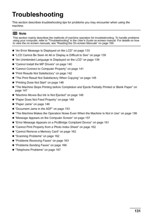 Page 135131
Troubleshooting
Troubleshooting
This section describes troubleshooting tips  for problems you may encounter when using the 
machine.
z “An Error Message Is Displayed on the LCD” on page 133
z “LCD Cannot Be Seen At All or Display is Difficult to See” on page 139
z “An Unintended Language Is Displayed on the LCD” on page 139
z “Cannot Install the MP Drivers” on page 140
z “Cannot Connect to Computer Properly” on page 141
z “Print Results Not Satisfactory” on page 142
z “The Print Result Not...