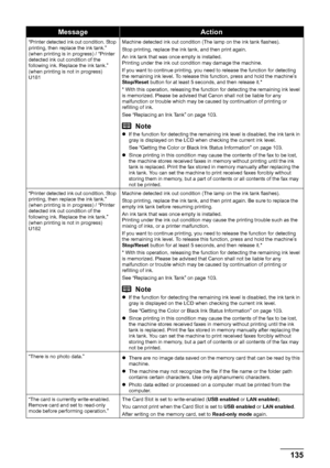 Page 139135
Troubleshooting
“Printer detected ink out condition. Stop 
printing, then replace the ink tank.” 
(when printing is in progress) / “Printer 
detected ink out condition of the 
following ink. Replace the ink tank.” 
(when printing is not in progress)
U181 Machine detected ink out condition (The lamp on the ink tank flashes). 
Stop printing, replace the ink tank, and then print again.
An ink tank that was once empty is installed. 
Printing under the ink out condition may damage the machine. 
If you...