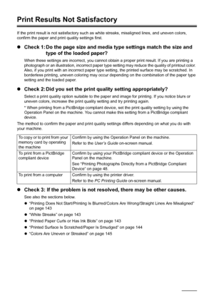 Page 146142Troubleshooting
Print Results Not Satisfactory
If the print result is not satisfactory such as  white streaks, misaligned lines, and uneven colors, 
confirm the paper and print quality settings first.
z Check 1: Do the page size and media type settings match the size and 
type of the loaded paper?
When these settings are incorrect,  you cannot obtain a proper print result. If you are printing a 
photograph or an illustration, incorrect paper type  setting may reduce the quality of printout color....