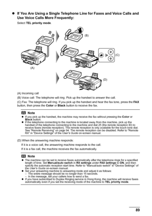 Page 9389
Faxing
z If You Are Using a Single Telephone Line for Faxes and Voice Calls and 
Use Voice Calls More Frequently:
Select  TEL priority mode .
(A) Incoming call
(B) Voice call: The telephone will ring.  Pick up the handset to answer the call.
(C) Fax: The telephone will ring. If you pick  up the handset and hear the fax tone, press the  FA X 
button, then press the  Color or Black  button to receive the fax.
(D) When the answering machine responds:  If it is a voice call, the answeri ng machine...